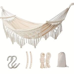 NEW Boho Macrame Fringe Hammock with Spreader Bars & Travel Bag – Cream